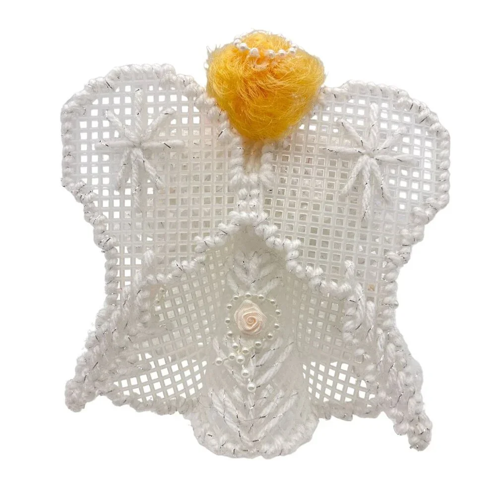 Vintage Handmade Christmas Angel White pink rosettes Blonde rubber face ornament